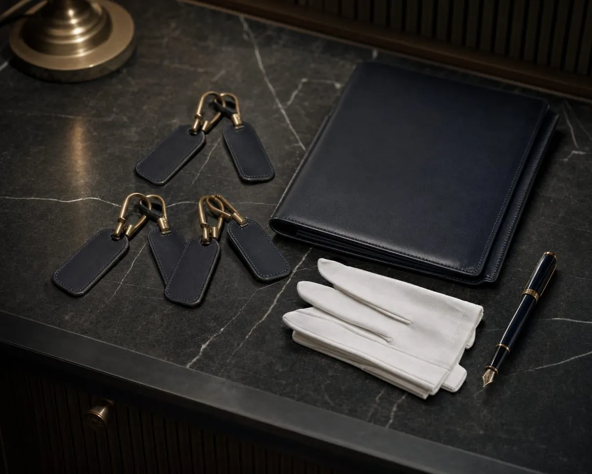 Keys with numbered leather tags and a record file, on a dark surface