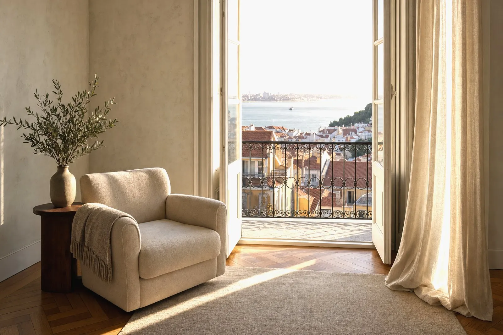 Calm interior of a Lisbon apartment, with French doors open onto a wrought-iron balcony and a view over the rooftops and the River Tagus