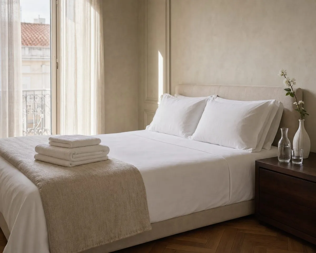 A bedroom prepared for an arrival, with crisp white bed linen and folded towels